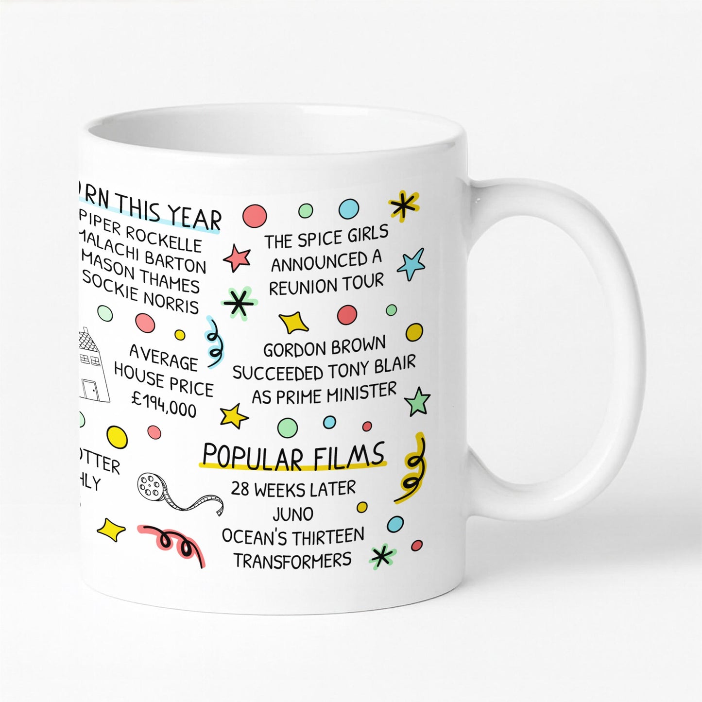 Close-up of 2007 themed 18th birthday mug showing detailed print of retro year facts — fun keepsake or milestone birthday present.