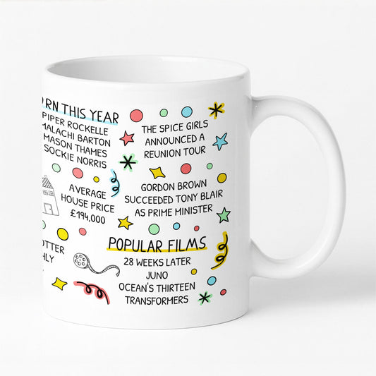 Close-up of 2007 themed 18th birthday mug showing detailed print of retro year facts — fun keepsake or milestone birthday present.