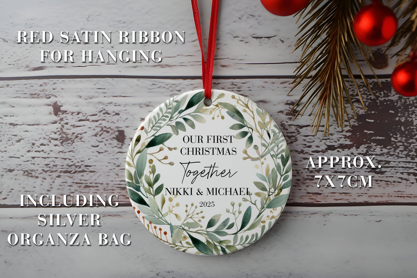 Personalised First Christmas Together Ornament – Botanical Wreath Design