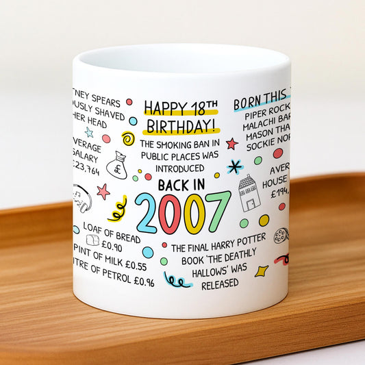 18th birthday mug featuring 2007 facts and trivia, displayed on a wooden table with warm lighting — perfect nostalgic gift idea for turning eighteen.