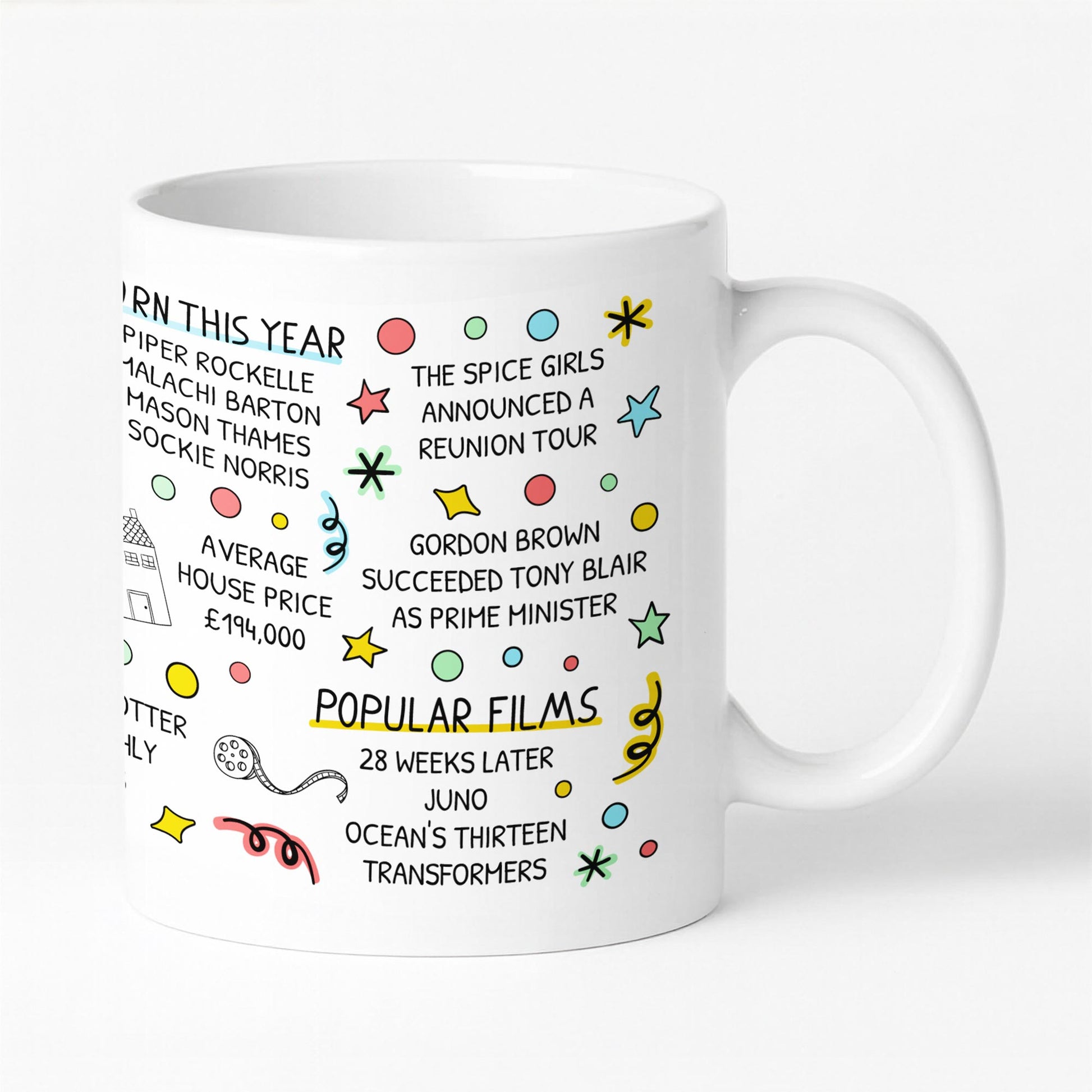 Close-up of 2007 themed 18th birthday mug showing detailed print of retro year facts — fun keepsake or milestone birthday present.