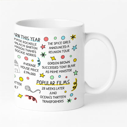 Close-up of 2007 themed 18th birthday mug showing detailed print of retro year facts — fun keepsake or milestone birthday present.