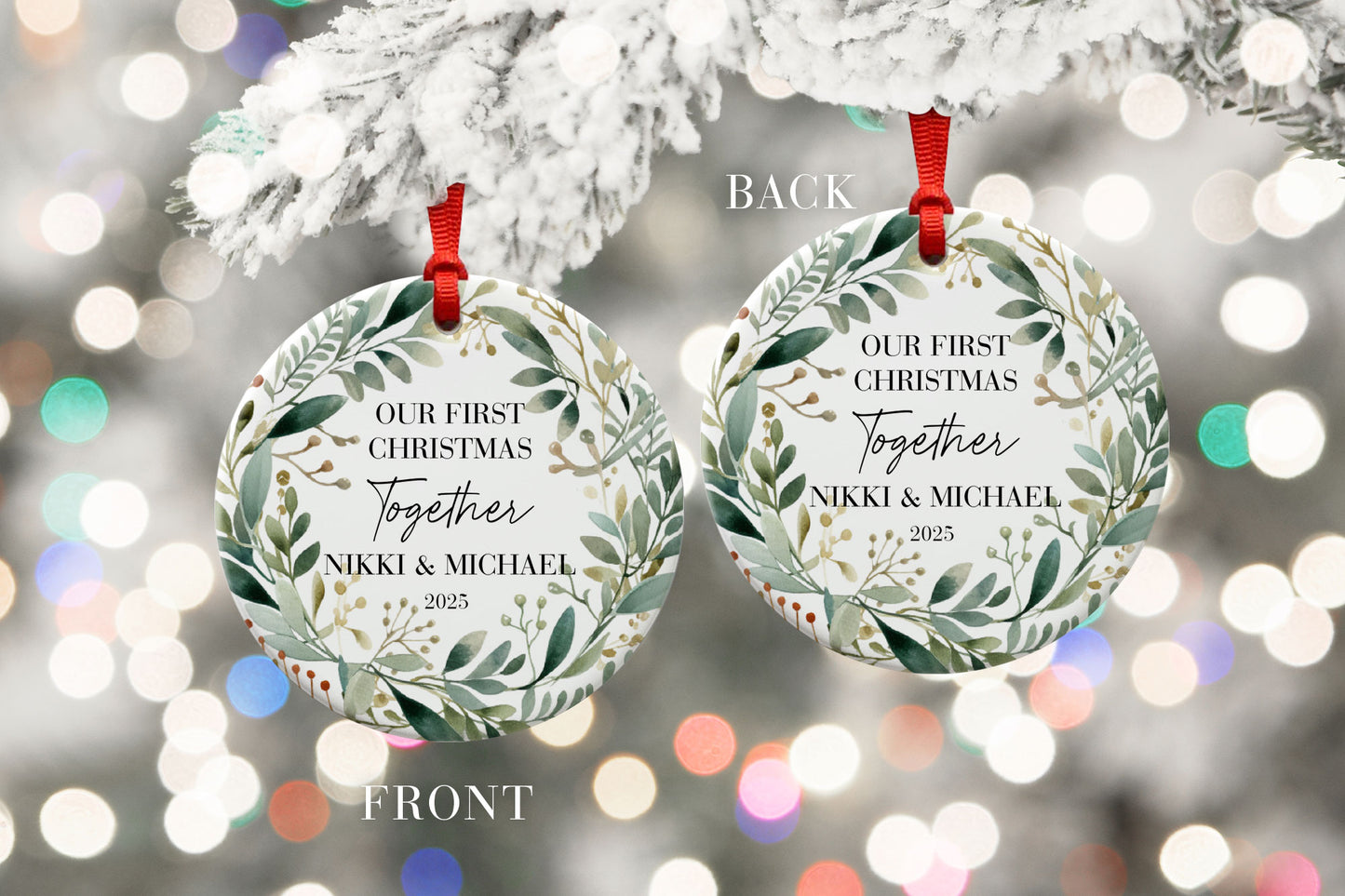 Personalised First Christmas Together Ornament – Botanical Wreath Design