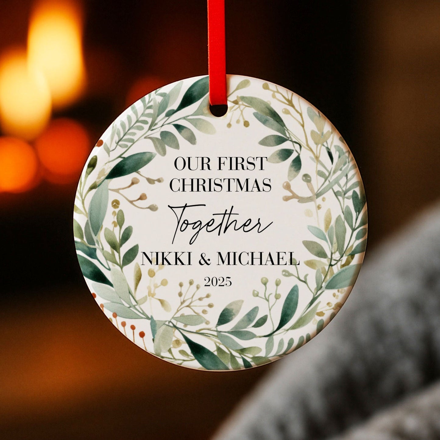 Personalised First Christmas Together Ornament – Botanical Wreath Design